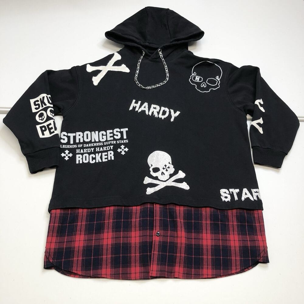 Hardy Hardy Men’s Black Skull Print Plaid Paneled Hoodie Small Rocker Peace